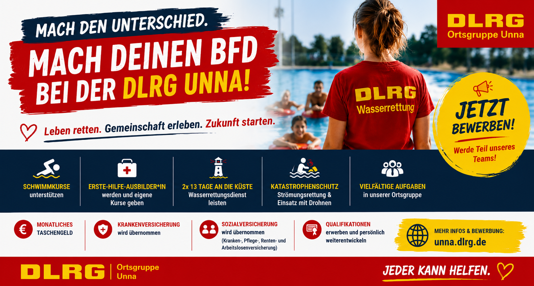 Werbeplakat für den Bundesfreiwilligendienst 2026 bei der DLRG Ortsgruppe Unna.